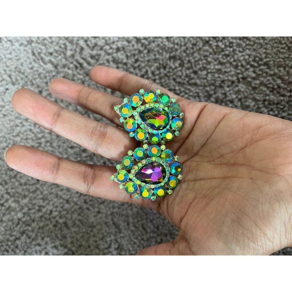 Clip on Aurora stud big rainbow earring teardrop rainbow vintage rhinestone - Picture 7 of 7